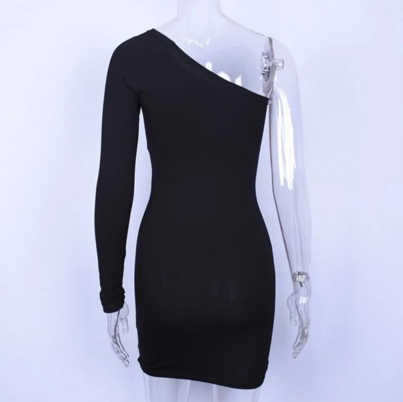 New Black One Shoulder Long Sleeve Bodycon Dress - Picture 7 of 8